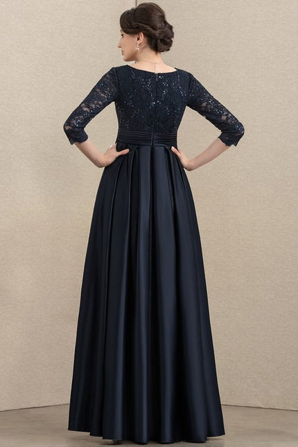 Robe Chic Bleu Nuit Évasée Satin Dentelle - gallery 3