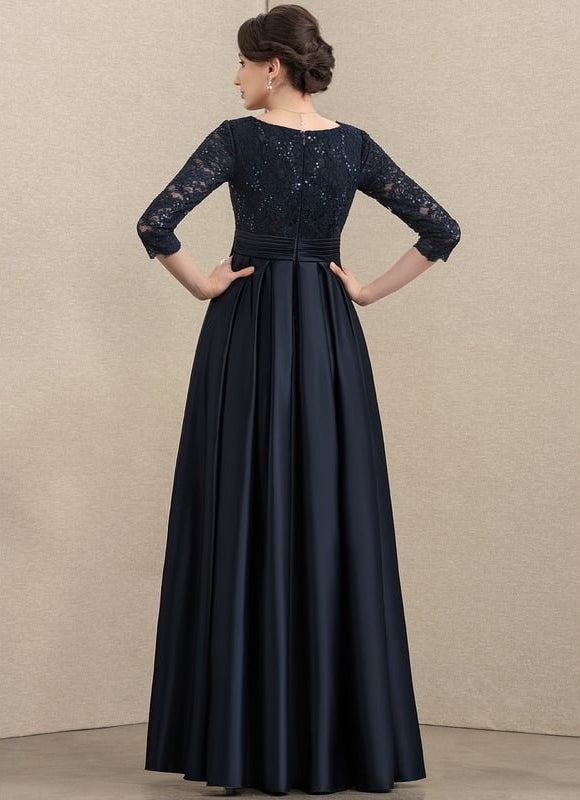 Robe Chic Bleu Nuit Évasée Satin Dentelle - gallery 3