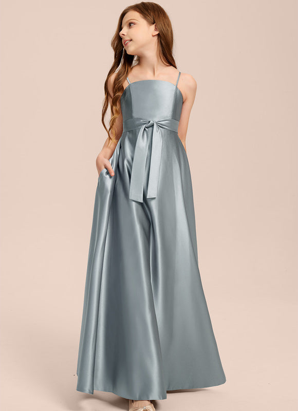 Robe Chic Bleu Satiné Demoiselle D'Honneur - gallery 2