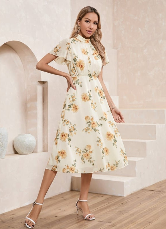 Robe Chic Midi Fleurie Écrue - gallery 2
