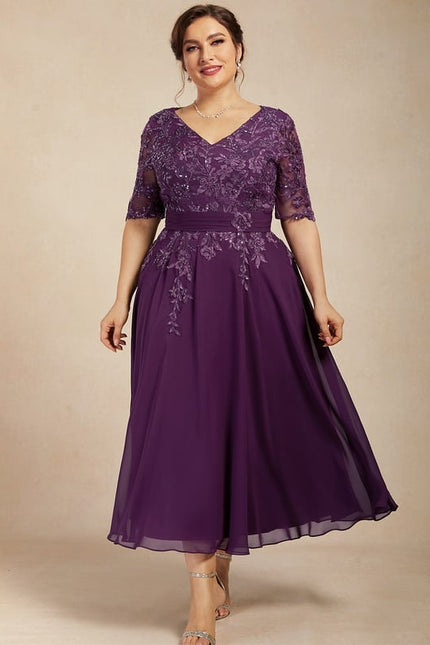 Robe Chic Violet Trapèze Dentelle Paillettes - gallery 7