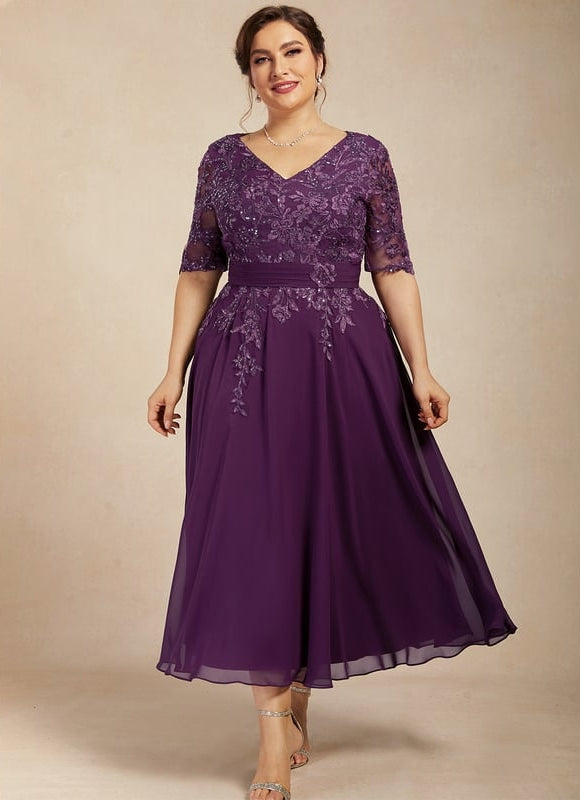 Robe Chic Violet Trapèze Dentelle Paillettes - gallery 7
