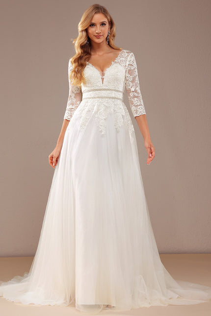 Robe Chic Blanche Traîne En Dentelle - gallery 4