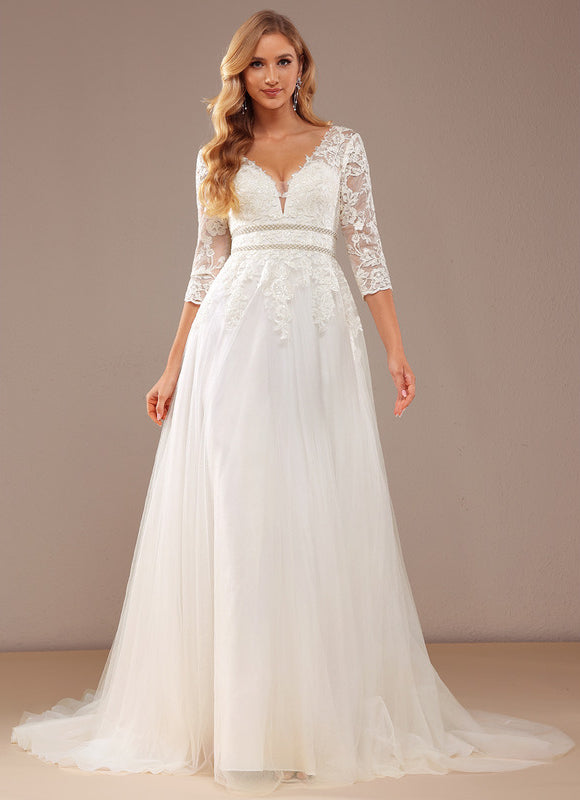 Robe Chic Blanche Traîne En Dentelle - gallery 4
