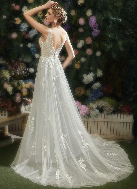 Robe Chic Blanche Tulle Dentelle Traîne