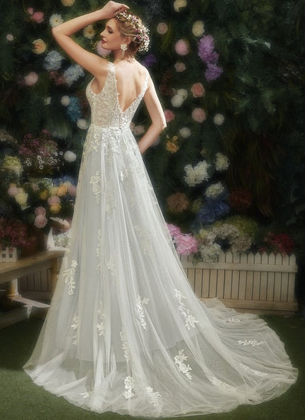 Robe Chic Blanche Tulle Dentelle Traîne