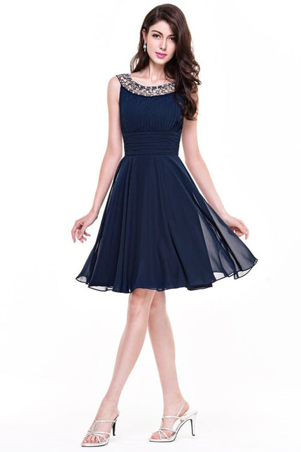 Robe Chic Bleu Nuit Cocktail Volants Perles - gallery 1