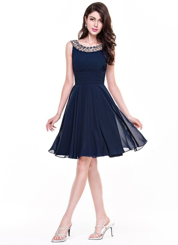 Robe Chic Bleu Nuit Cocktail Volants Perles - gallery 1