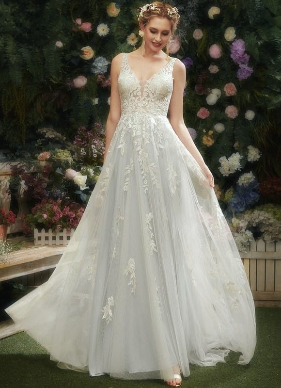 Robe Chic Blanche Tulle Dentelle Traîne - gallery 1