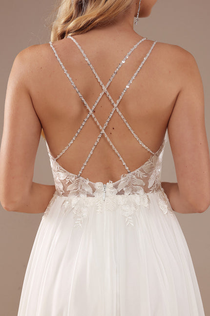 Robe Chic Blanche Traîne Mousseline Dentelle - gallery 4