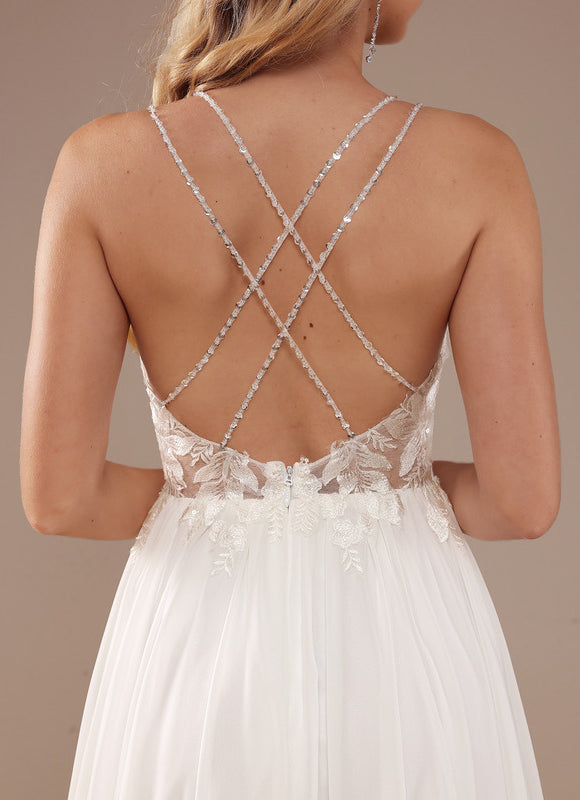 Robe Chic Blanche Traîne Mousseline Dentelle - gallery 4