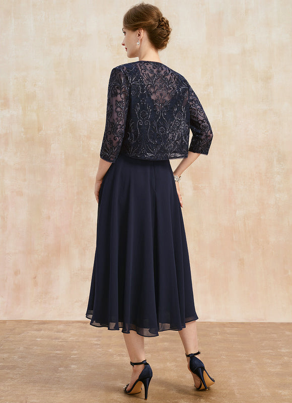 Robe Chic Bleu Nuit Élégante À Dentelle - gallery 4