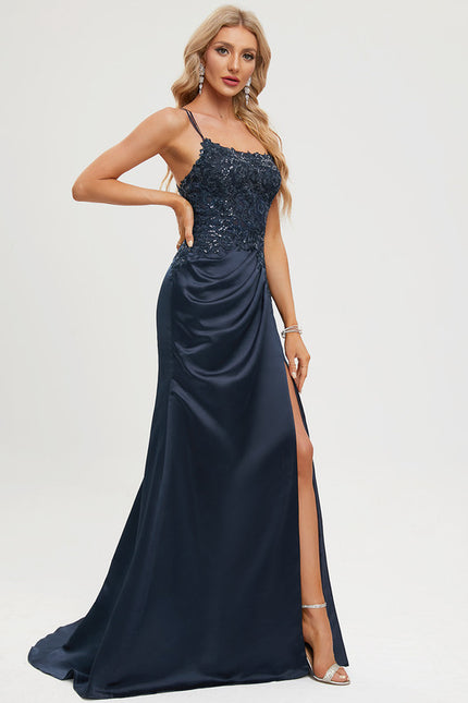 Robe Chic Bleu Nuit Satin Dentelle - gallery 6