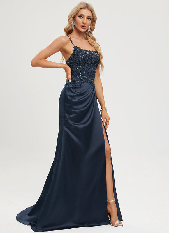 Robe Chic Bleu Nuit Satin Dentelle - gallery 6