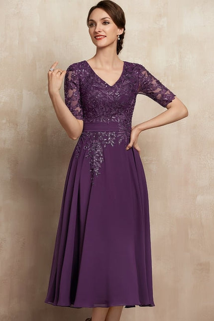 Robe Chic Violet Trapèze Dentelle Paillettes - gallery 4