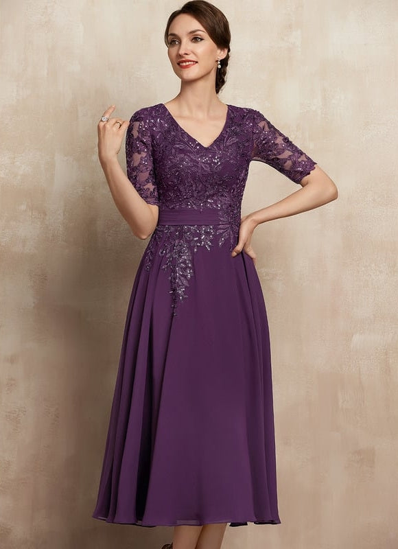 Robe Chic Violet Trapèze Dentelle Paillettes - gallery 4