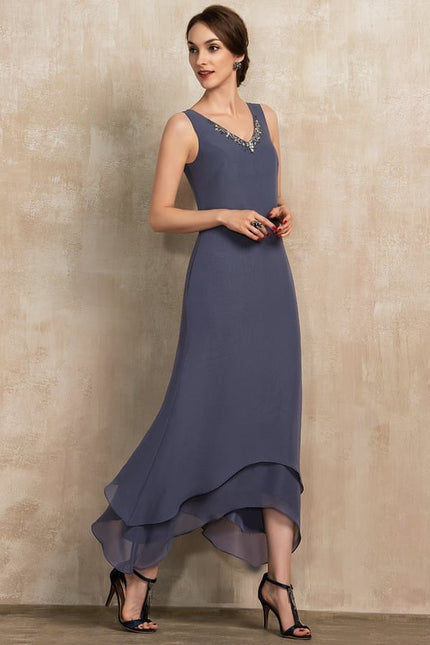Robe Chic Gris Perle Asymétrique Avec Perles - gallery 5