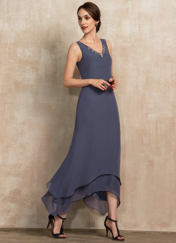Robe Chic Gris Perle Asymétrique Avec Perles - gallery 5