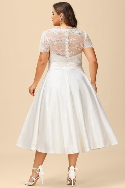 Robe Chic Blanche Satin Dentelle Volants - gallery 8