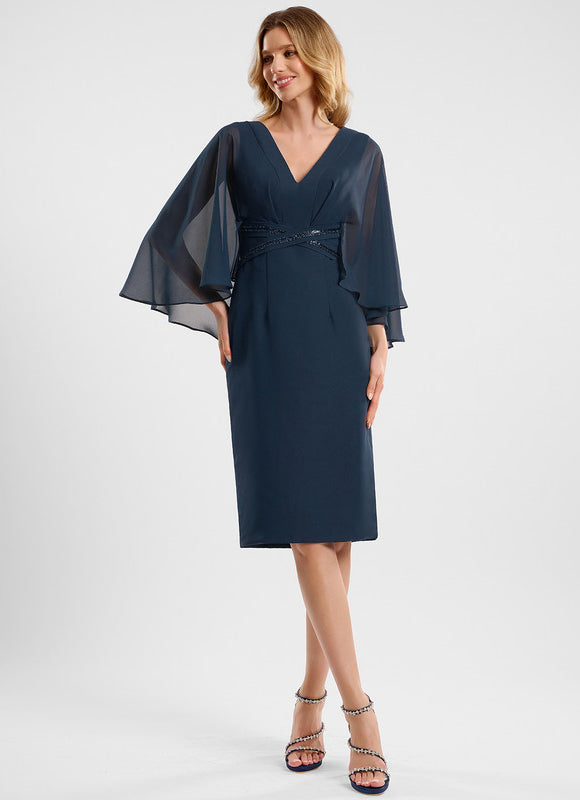 Robe Chic Bleu Nuit Mousseline Perles