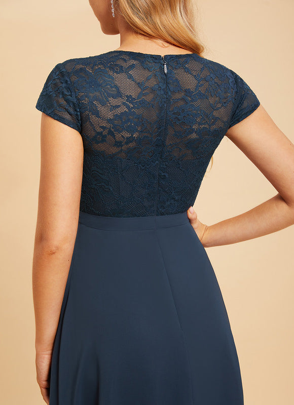 Robe Chic Bleu Nuit Mousseline Dentelle - gallery 6