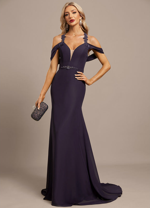 Robe Chic Bleu Nuit Décolleté Épaules Dénudées