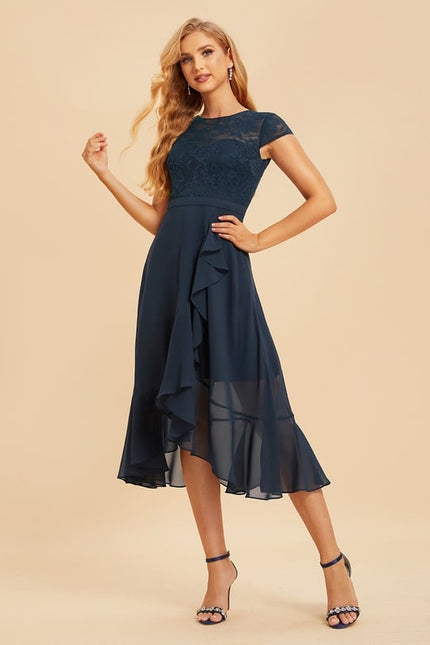 Robe Chic Bleu Nuit Mousseline Dentelle - gallery 3