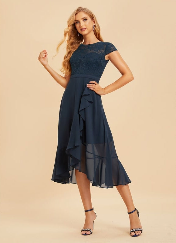 Robe Chic Bleu Nuit Mousseline Dentelle - gallery 3