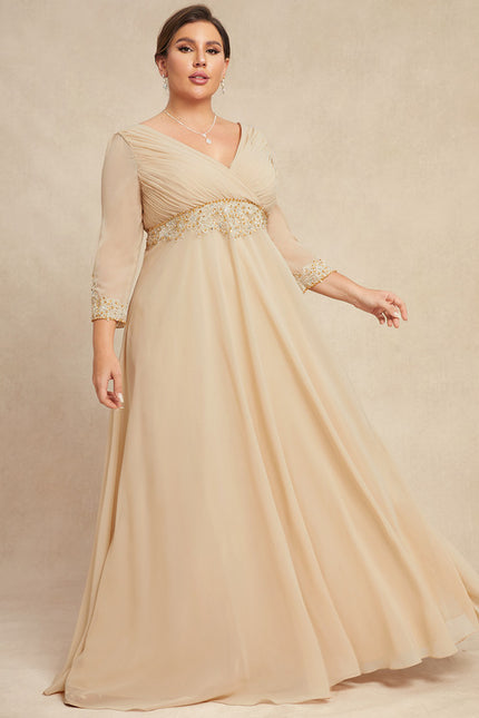 Robe Chic Beige Perlée Ras Du Sol - gallery 6