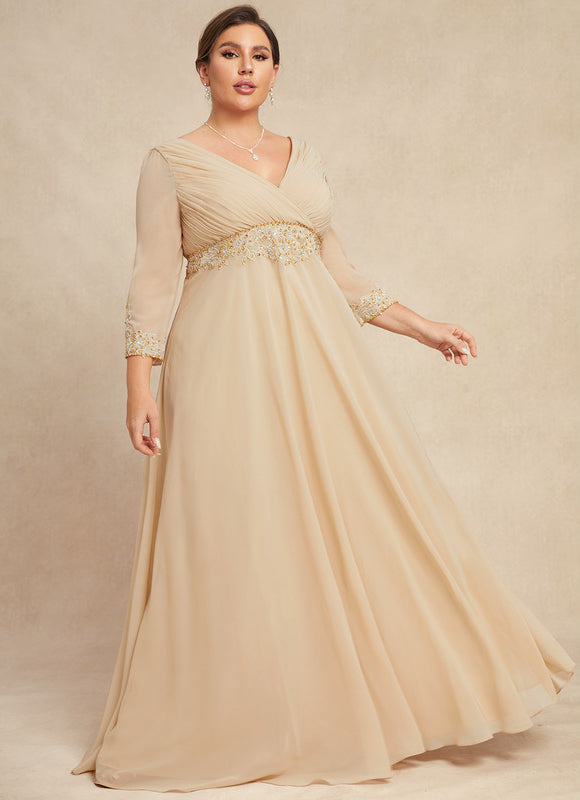 Robe Chic Beige Perlée Ras Du Sol - gallery 6