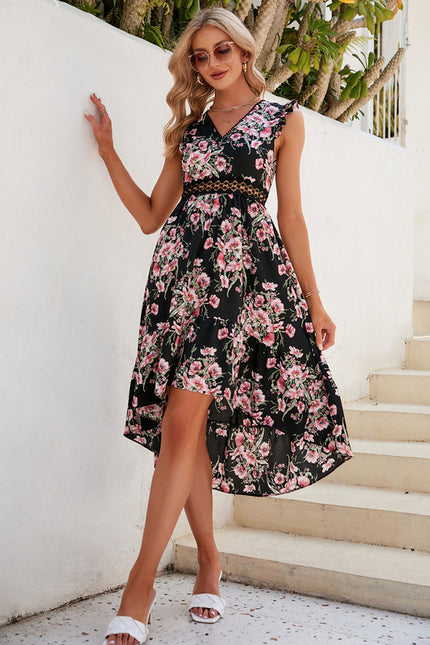 Robe Chic Fleurie Noire Midi