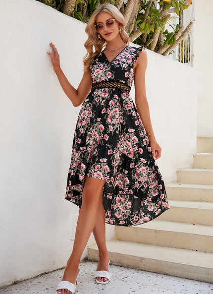 Robe Chic Fleurie Noire Midi