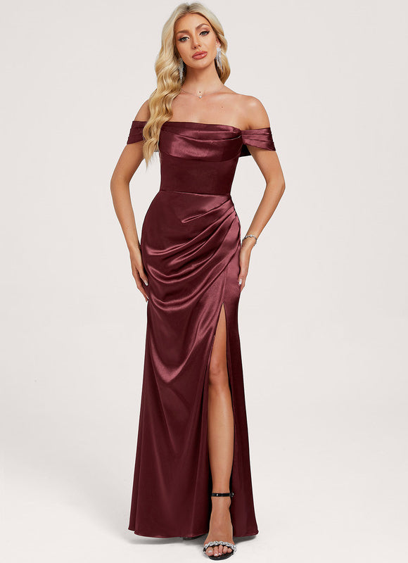 Robe Chic Satinée Bordeaux Décolleté