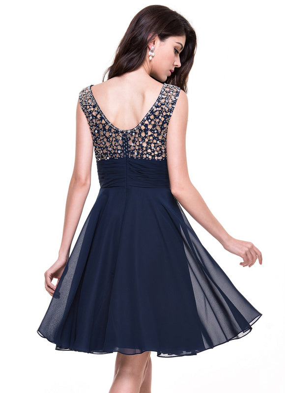 Robe Chic Bleu Nuit Cocktail Volants Perles - gallery 5