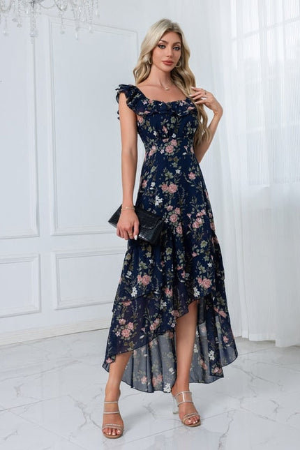 Robe Chic Florale Navy Asymétrique