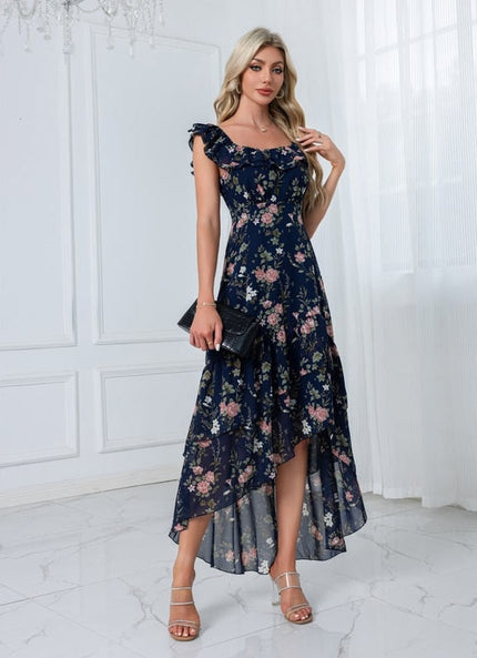 Robe Chic Florale Navy Asymétrique