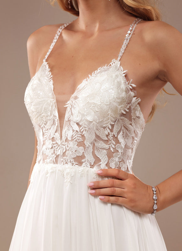 Robe Chic Blanche Traîne Mousseline Dentelle - gallery 3