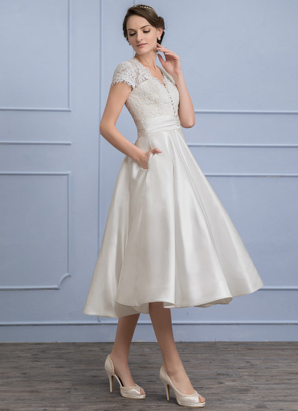 Robe Chic Blanche Satin Dentelle Volants - gallery 2
