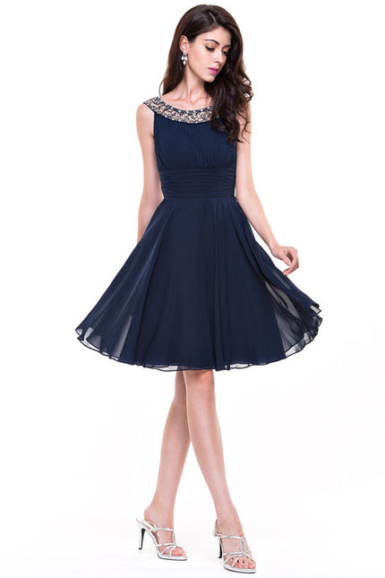 Robe Chic Bleu Nuit Cocktail Volants Perles - gallery 4