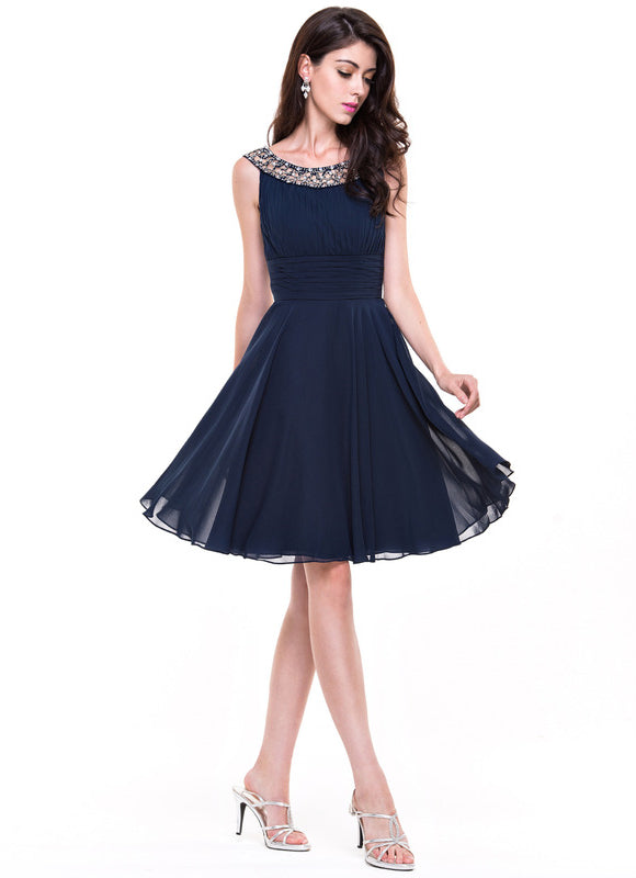 Robe Chic Bleu Nuit Cocktail Volants Perles - gallery 4