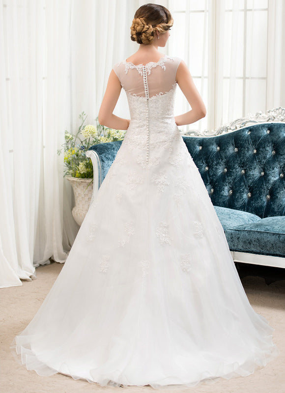 Robe Chic Blanche Traîne Dentelle Élégante - gallery 4