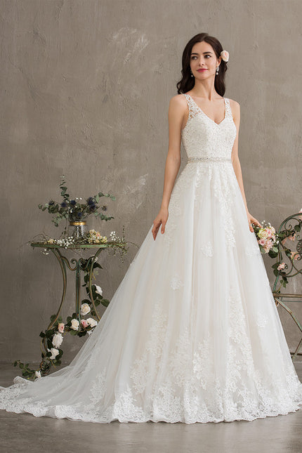Robe Chic Blanche Traîne En Dentelle - gallery 5