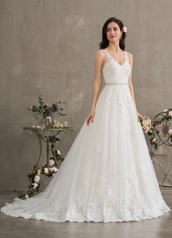 Robe Chic Blanche Traîne En Dentelle - gallery 5