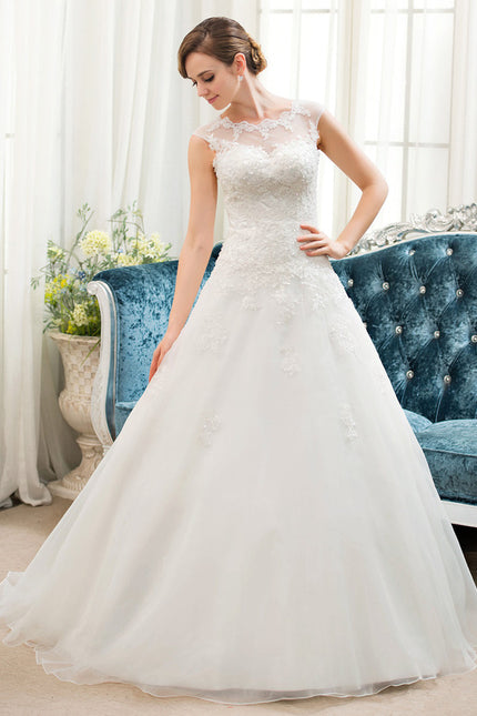 Robe Chic Blanche Traîne Dentelle Élégante - gallery 3