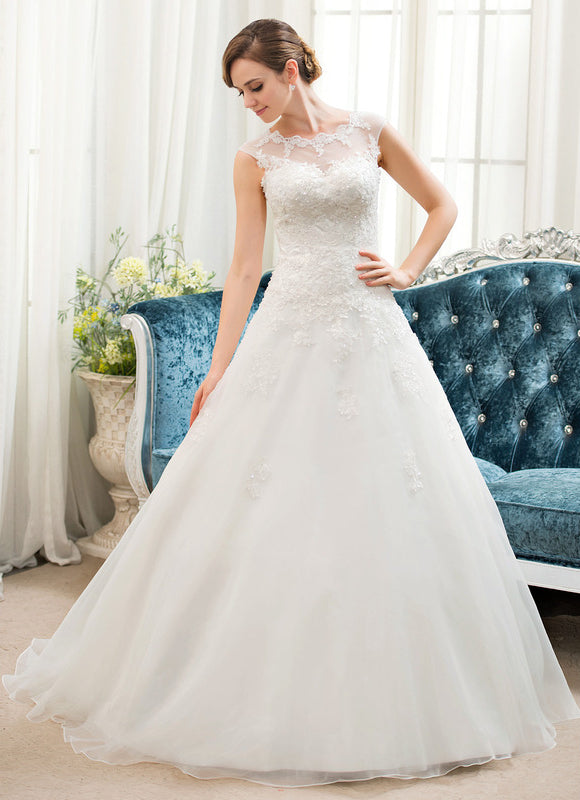 Robe Chic Blanche Traîne Dentelle Élégante - gallery 3