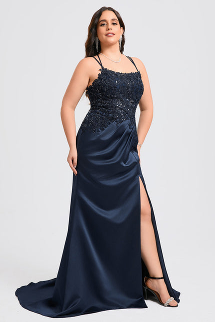 Robe Chic Bleu Nuit Satin Dentelle - gallery 8