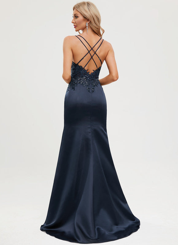 Robe Chic Bleu Nuit Satin Dentelle - gallery 5