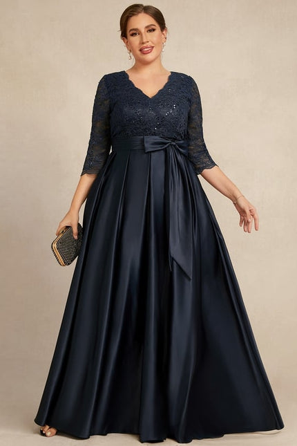 Robe Chic Bleu Nuit Évasée Satin Dentelle - gallery 4