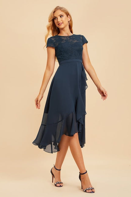 Robe Chic Bleu Nuit Mousseline Dentelle - gallery 2