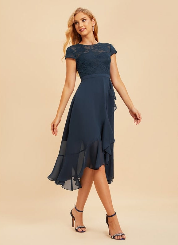 Robe Chic Bleu Nuit Mousseline Dentelle - gallery 2